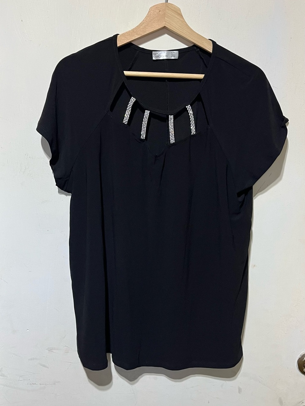 89th & Madison Black Short-Sleeve Blouse with Rhinestone Neck Detail